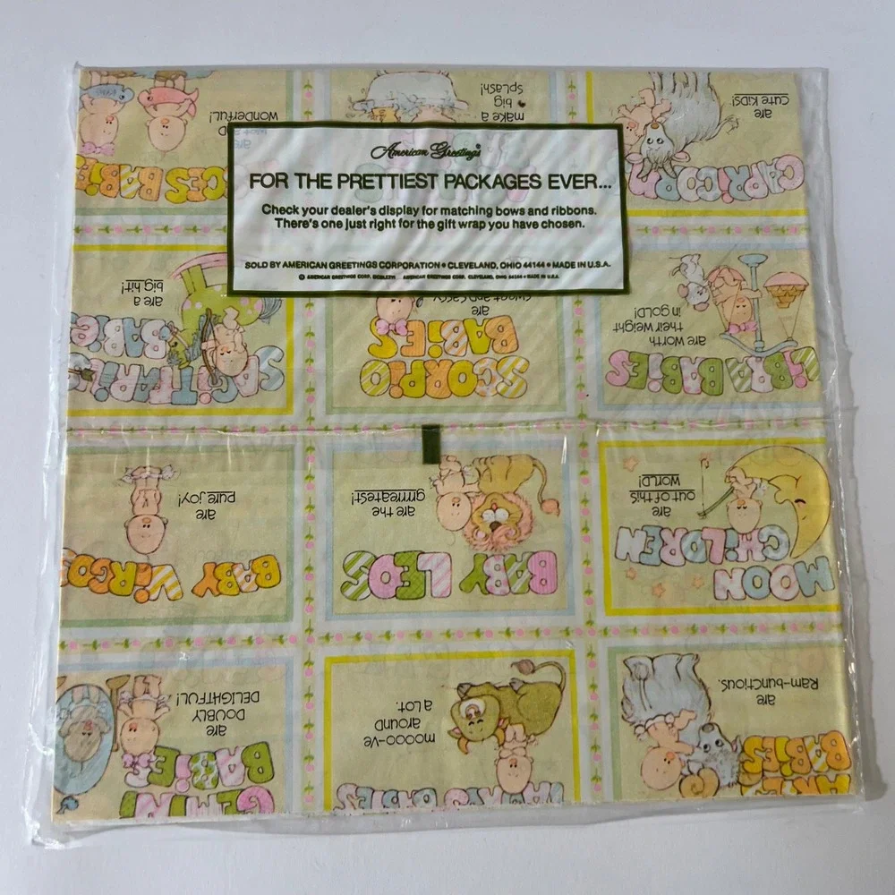 Vintage American Greetings Baby Zodiac Gift Wrap 2 Sheets 1980 Baby Retro